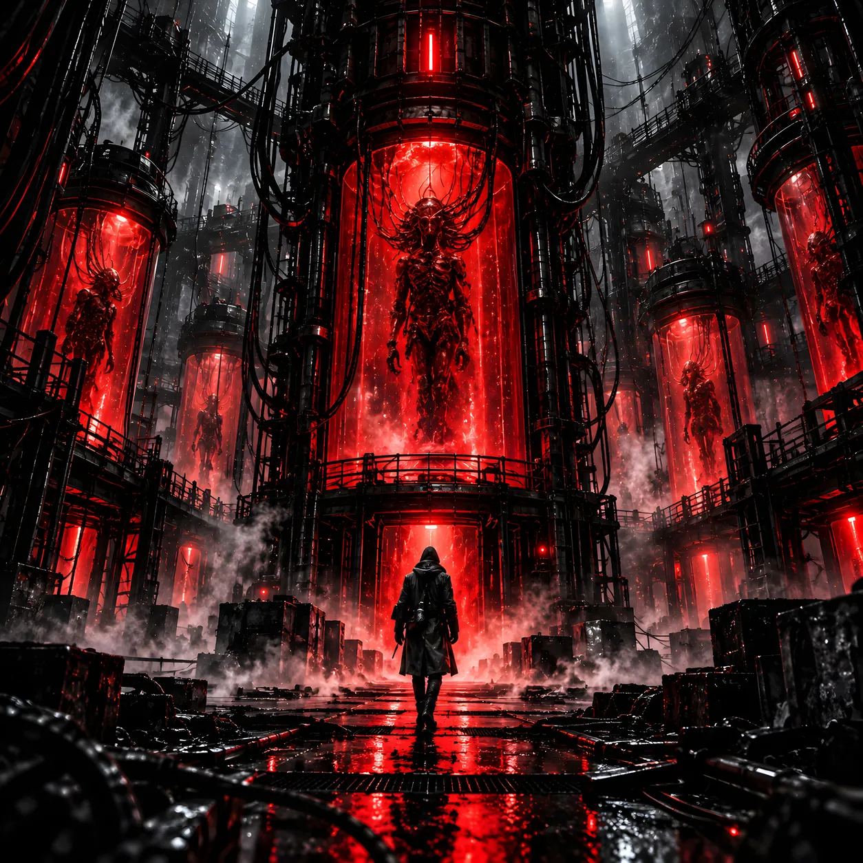 An underground laboratory. Red chambers, and inside them shapes he is sure he has seen before.